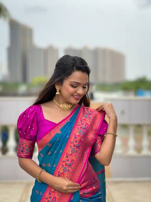 Soft paithani silk blend saree with zari weaving meenakari motif design 4