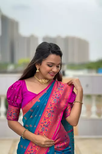 Soft paithani silk blend saree with zari weaving meenakari motif design