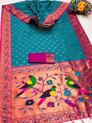 Soft paithani silk blend saree with zari weaving meenakari motif design 5