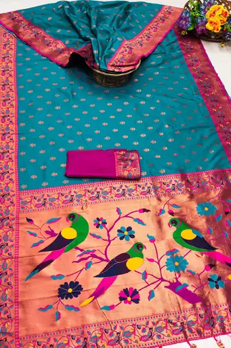 Soft paithani silk blend saree with zari weaving meenakari motif design