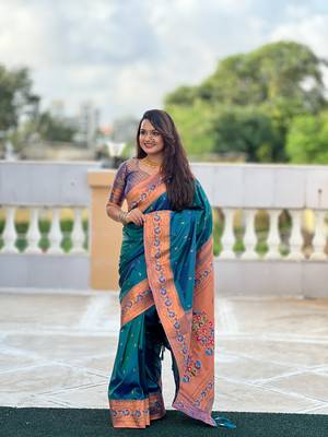 Soft paithani silk blend saree with zari weaving meenakari motif design 1