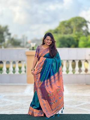 Soft paithani silk blend saree with zari weaving meenakari motif design 2