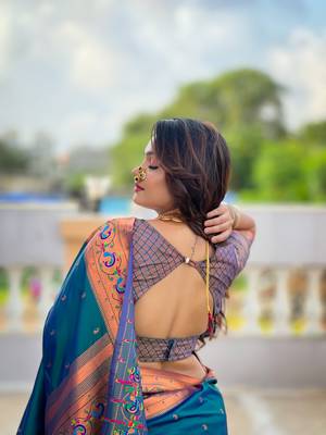 Soft paithani silk blend saree with zari weaving meenakari motif design 4