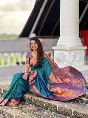 Soft paithani silk blend saree with zari weaving meenakari motif design 5