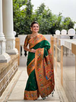 Soft paithani silk blend saree with zari weaving meenakari motif design 2