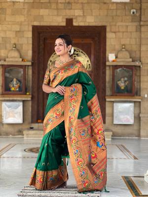 Soft paithani silk blend saree with zari weaving meenakari motif design 1