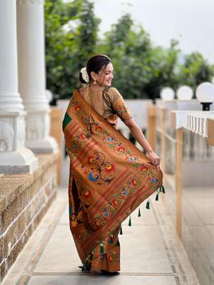 Soft paithani silk blend saree with zari weaving meenakari motif design 3