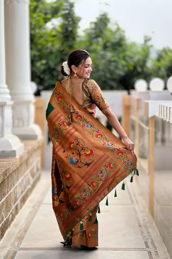 Soft paithani silk blend saree with zari weaving meenakari motif design