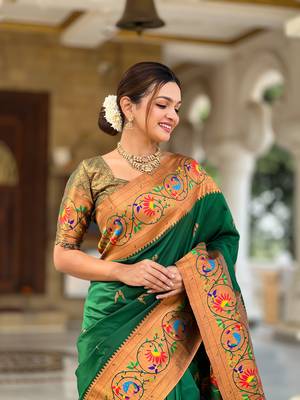 Soft paithani silk blend saree with zari weaving meenakari motif design 4