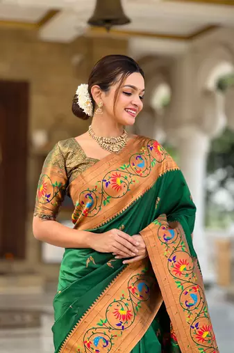 Soft paithani silk blend saree with zari weaving meenakari motif design