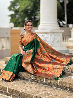 Soft paithani silk blend saree with zari weaving meenakari motif design 5