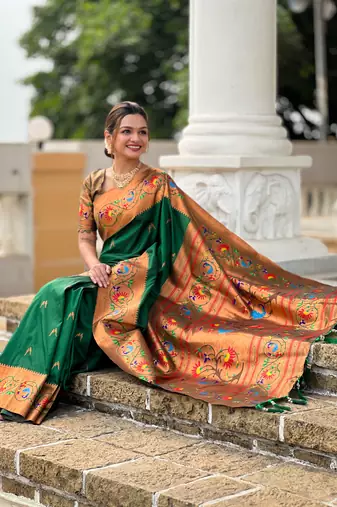 Soft paithani silk blend saree with zari weaving meenakari motif design