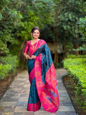 Soft paithani silk blend saree with zari weaving meenakari motif design 1