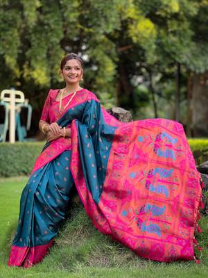Soft paithani silk blend saree with zari weaving meenakari motif design 2