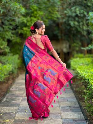 Soft paithani silk blend saree with zari weaving meenakari motif design 3