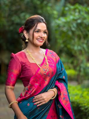 Soft paithani silk blend saree with zari weaving meenakari motif design 4