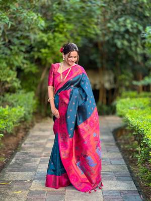 Soft paithani silk blend saree with zari weaving meenakari motif design 5