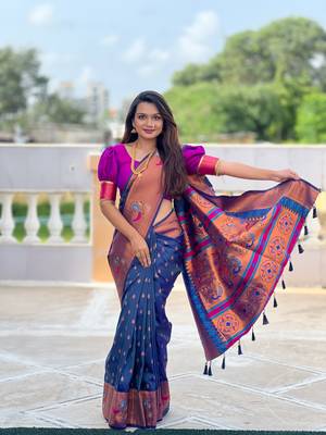 Soft paithani silk blend saree with zari weaving meenakari motif design 1