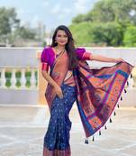 Soft paithani silk blend saree with zari weaving meenakari motif design