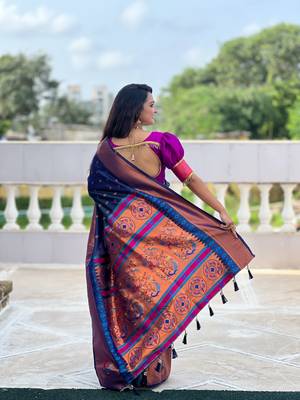 Soft paithani silk blend saree with zari weaving meenakari motif design 2