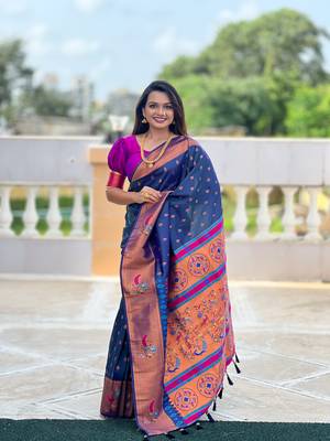 Soft paithani silk blend saree with zari weaving meenakari motif design 3