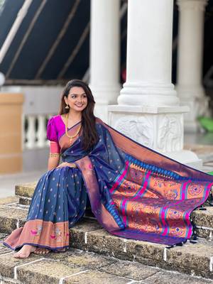 Soft paithani silk blend saree with zari weaving meenakari motif design 5