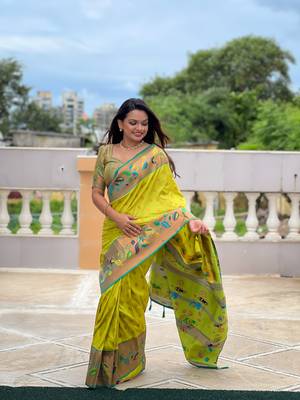 Soft paithani silk blend saree with zari weaving meenakari motif design 1