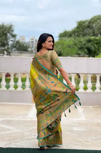 Soft paithani silk blend saree with zari weaving meenakari motif design