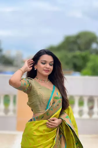 Soft paithani silk blend saree with zari weaving meenakari motif design