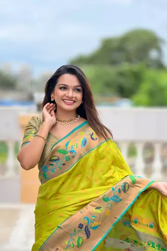Soft paithani silk blend saree with zari weaving meenakari motif design
