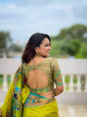 Soft paithani silk blend saree with zari weaving meenakari motif design 5