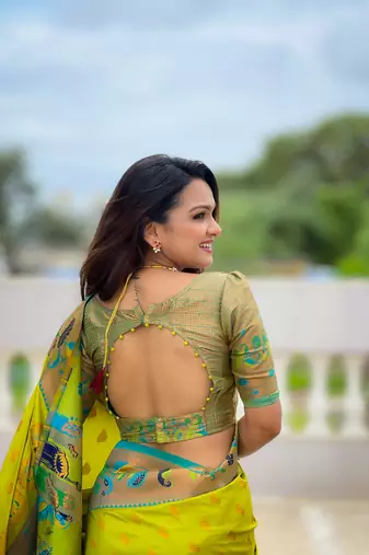 Soft paithani silk blend saree with zari weaving meenakari motif design