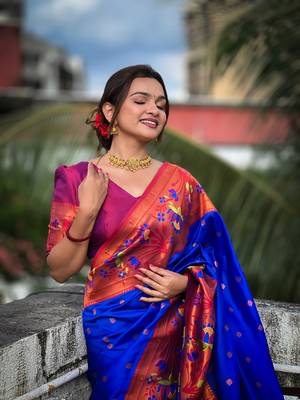 Soft paithani silk blend saree with zari weaving meenakari motif design 1
