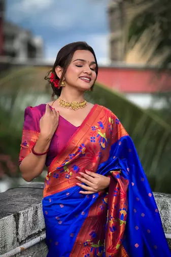 Soft paithani silk blend saree with zari weaving meenakari motif design