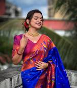 Soft paithani silk blend saree with zari weaving meenakari motif design