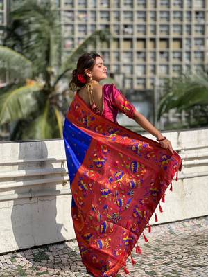 Soft paithani silk blend saree with zari weaving meenakari motif design 3