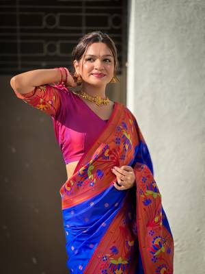 Soft paithani silk blend saree with zari weaving meenakari motif design 4
