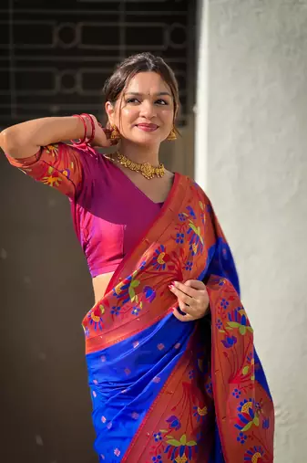 Soft paithani silk blend saree with zari weaving meenakari motif design