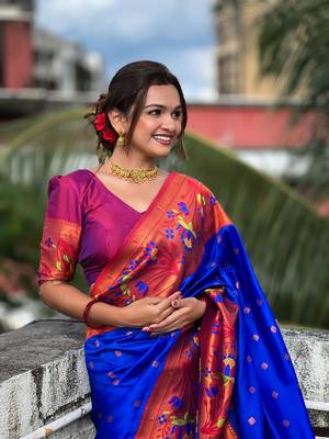Soft paithani silk blend saree with zari weaving meenakari motif design 5