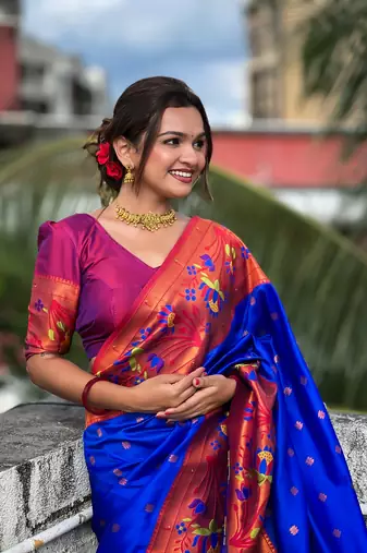 Soft paithani silk blend saree with zari weaving meenakari motif design