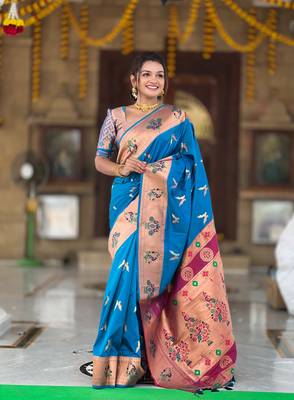 Soft paithani silk blend saree with zari weaving meenakari motif design 1