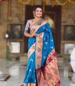Soft paithani silk blend saree with zari weaving meenakari motif design