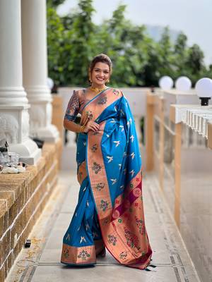 Soft paithani silk blend saree with zari weaving meenakari motif design 2