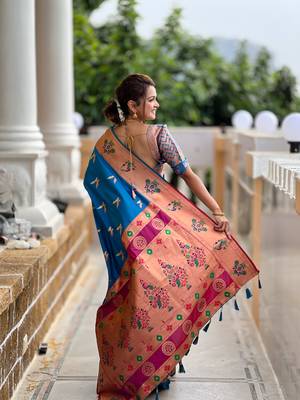 Soft paithani silk blend saree with zari weaving meenakari motif design 3