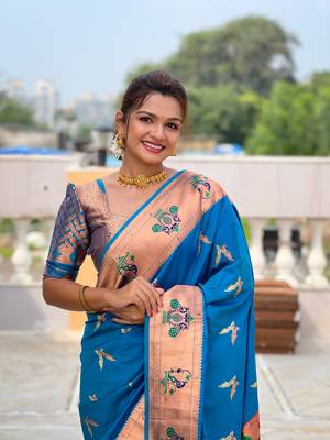Soft paithani silk blend saree with zari weaving meenakari motif design 5