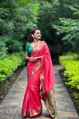 Soft paithani silk blend saree with zari weaving meenakari motif design