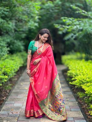 Soft paithani silk blend saree with zari weaving meenakari motif design 2