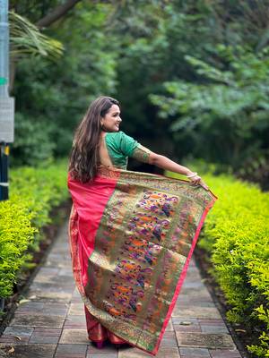 Soft paithani silk blend saree with zari weaving meenakari motif design 3