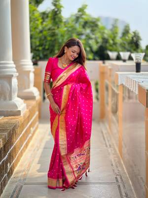 Soft paithani silk blend saree with zari weaving meenakari motif design 1