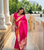 Soft paithani silk blend saree with zari weaving meenakari motif design